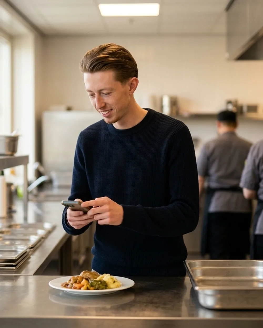 Kyan van Zijp fotografeert een bord in een zorgkeuken met zijn telefoon